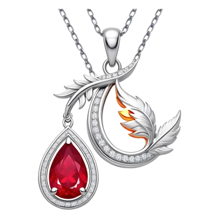 teardrop ruby pendant with fiery light, tiny phoenix feather emerging, haloed by shimmering white stones, silver chain like liquid moonlight sticker