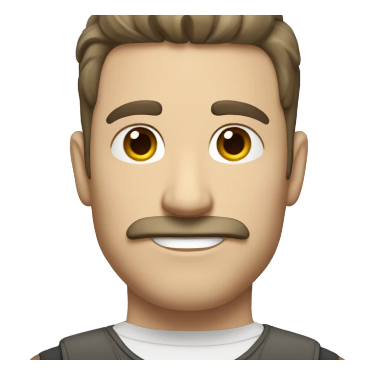 White man, straight and dark hair with a small crest, mustache, and sparse beard sticker