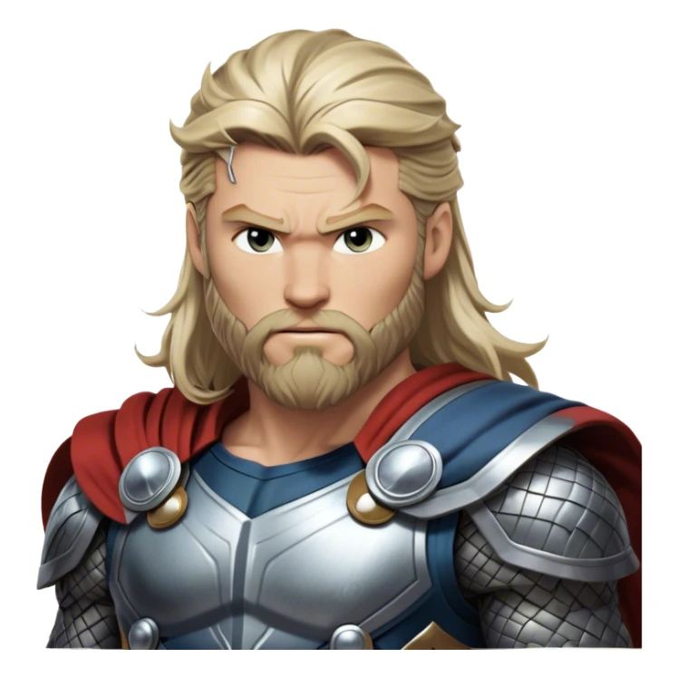 Cinematic Realistic Thor Portrait, depicted with lifelike skin texture and a commanding, muscular build that radiates divine strength. His piercing eyes, framed by rugged, flowing hair and a well-groomed beard, exude both determination and amiable authority. Clad in his signature armor with subtle hints of mystical lightning, the portrait is rendered in dynamic natural lighting with a radiant, heroic glow. sticker