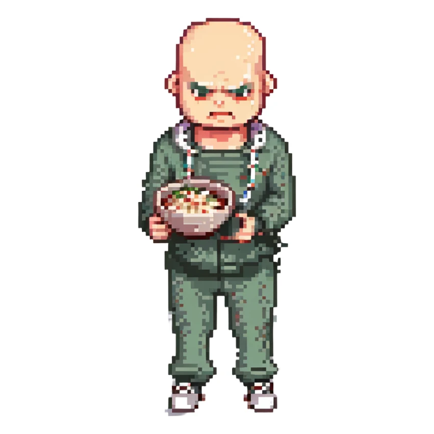 Pixel art thug in tracksuit, holding chain in Hand, bald head, angry expression, side view, retro arcade sprite 
Takes a plate of noodles in hand.  sticker