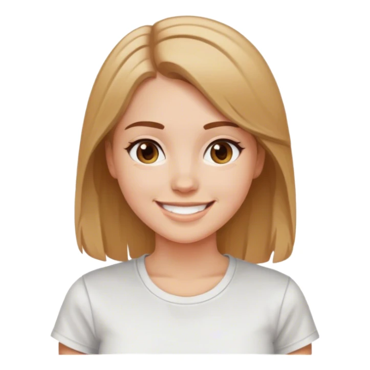 a white girl with brown hair highlighted with blone color, smiling , tshirt sticker