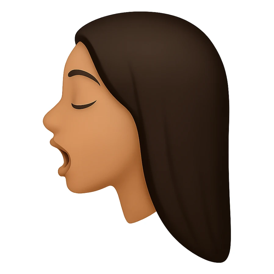 Create a side view (profile) of this woman's head in the normal iPhone emoji style, with closed eyes and an open mouth, smooth shading, no outlines, and long dark hair. Variant 3. The style should replicate the smooth shading and no outlines typical of the iPhone emoji style. sticker