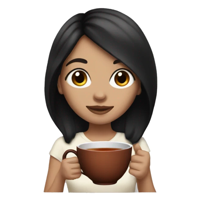 White girl with black hair holding tea sticker