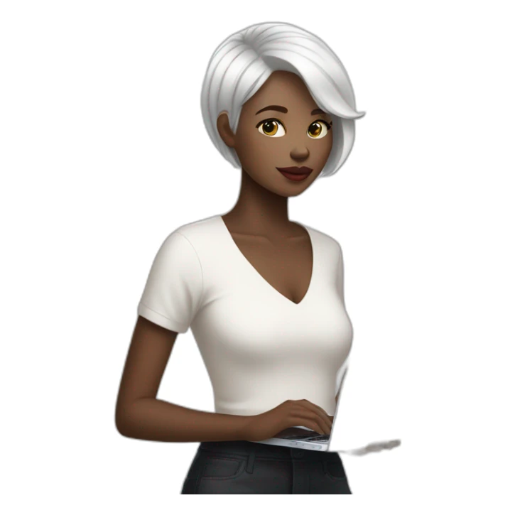 it girl white short hair with macbook pro sticker