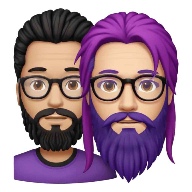 Man with long hair, glasses and Beard, next to man in black dreadlocks with red accent, woman in glasses with violet and black hair in the middle sticker