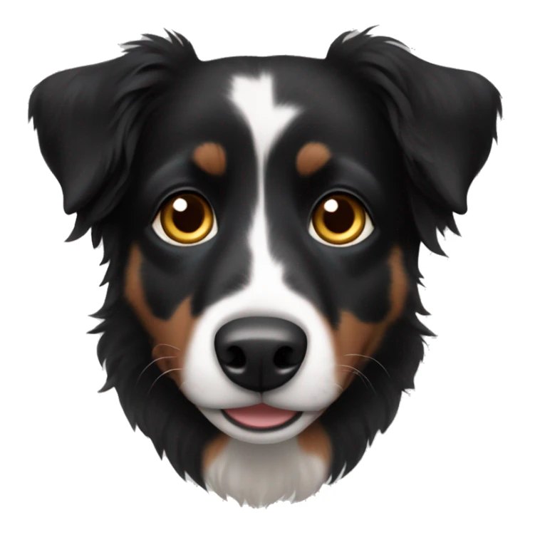 Small black australian shepherd dog with dark brown eyes and black face sticker
