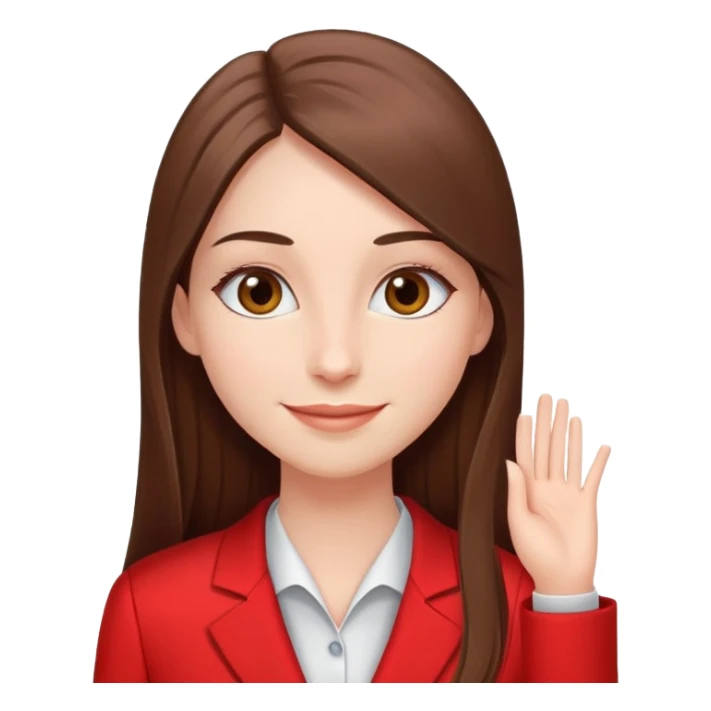 una chica con pelo castaño largo y lacio, pestañas largas, feliz, delgada, con traje clínico rojo sticker