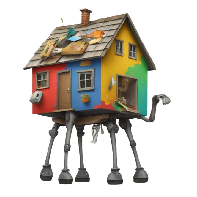 multiple colorful pieces of junk creating a walking house on four tall legs  sticker