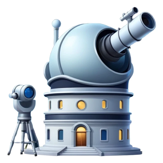 An icon featuring an observatory with a giant telescope, set against a starry sky. The design includes visible planets, distant stars, and galaxies, symbolizing the study of astronomy and celestial exploration. Transparent background highlights the wonder of the universe. sticker