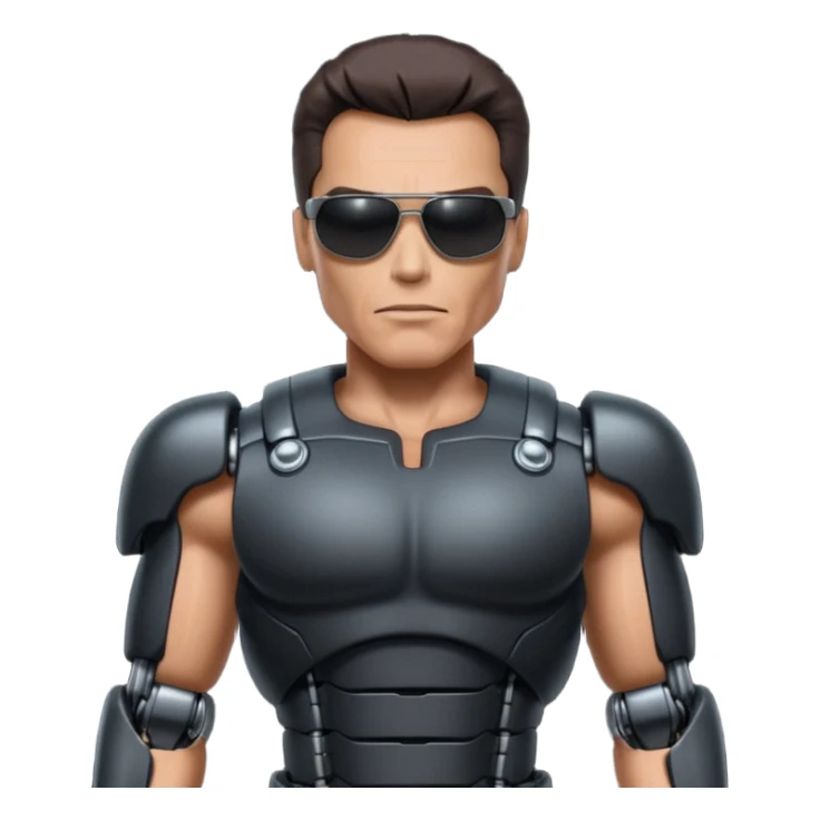 Schwarzenegger-like Terminator, upper body only, wearing his iconic clothes in black (all clothes must be black), looking human but with robotic details, and wearing dark sunglasses, hair must be dark
 sticker