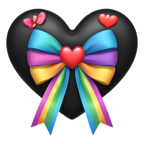 glossy plush black heart with a rainbow bow and heart pattern on the bow sticker