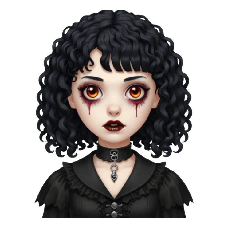 Faça uma mulher zumbi com o cabelo cacheado médio, e uma franja cacheada, cabelo preto e deixe ela meio gótica. sticker