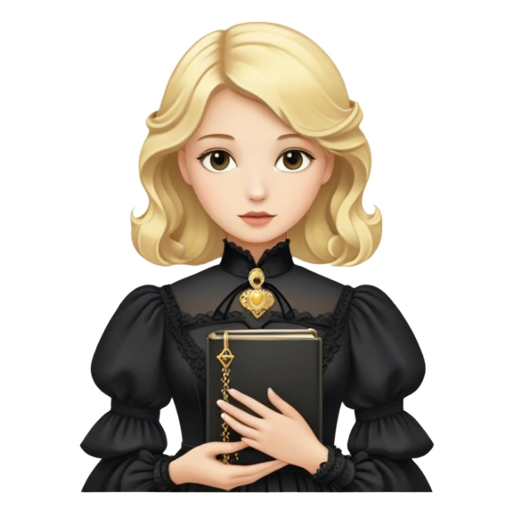 Blonde model wearing a black Victorian gown clutching a golden notebook sticker