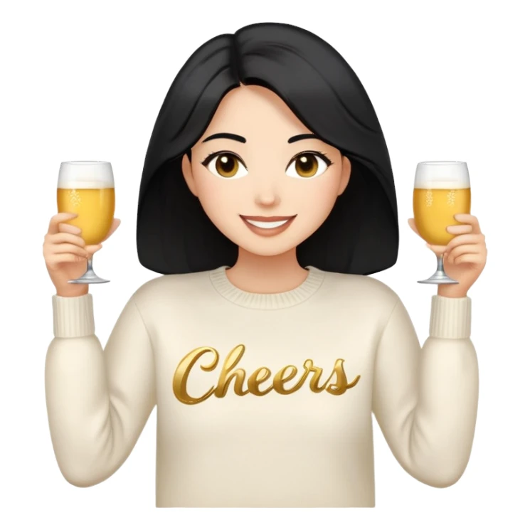 A woman with longer black hair, light to medium skin tone, full cheeks, and almond-shaped eyes, wearing a simple white sweater with the word 'cheers' in gold script, joyful and radiant expression, cheerful, emoji style, just her torso, no hands, no cups. sticker
