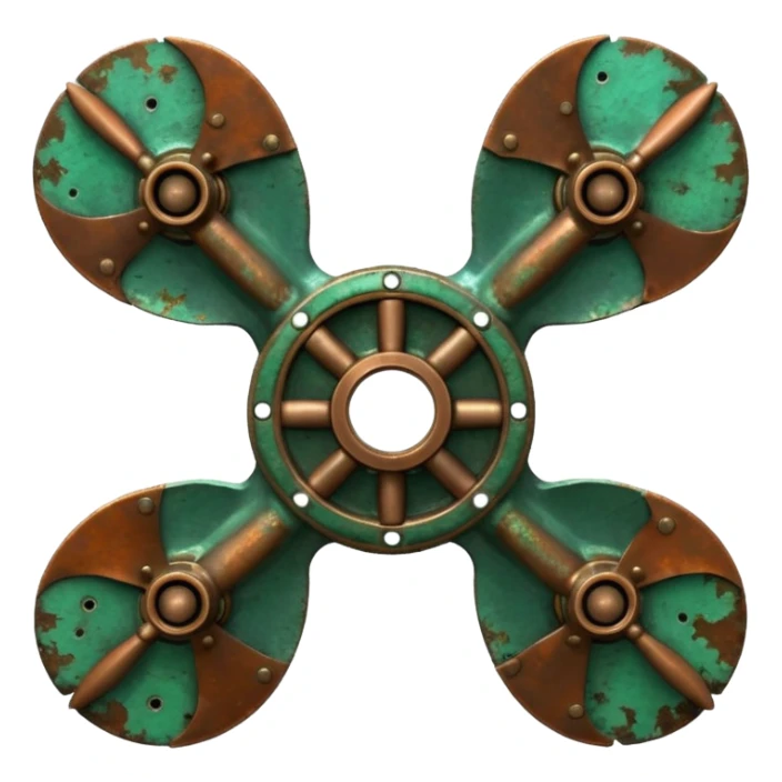 3D render of Ship Propeller, heavily oxidized copper texture, verdigris patina, Bronze blades with green barnacle/rust spots, weathered bronze aesthetic, ancient decay, emoji style, isolated on white background --v 6.0. sticker