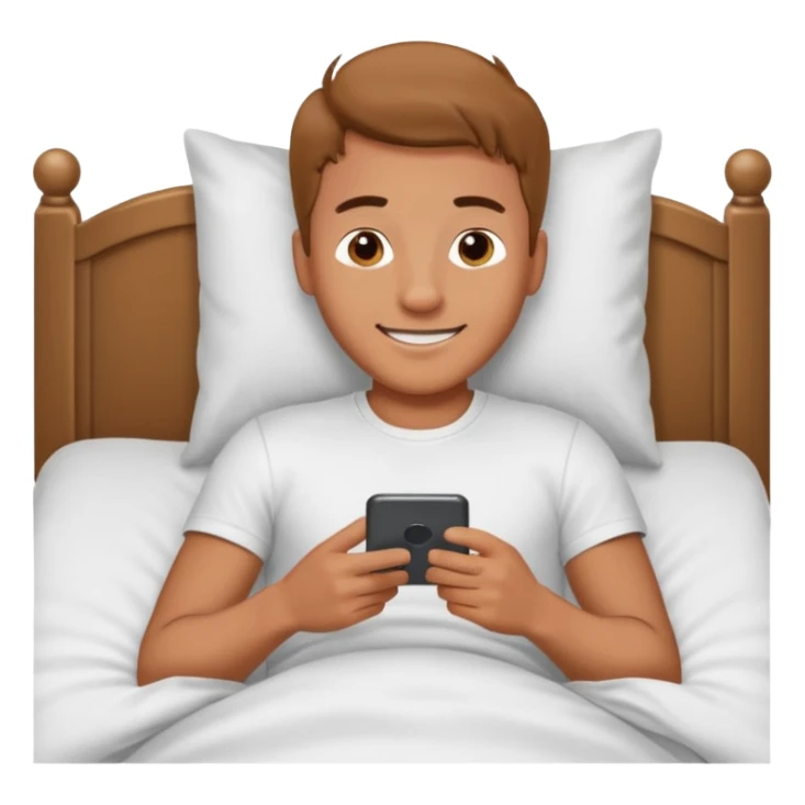 Man emoji lying in bed smiling and looking at his phone sticker