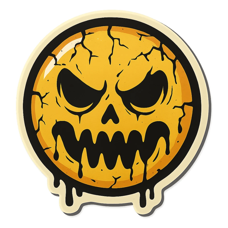 scary emoji with cracks, drips and chips, retro stickers style, sharp black outlines, clear shadows and highlights, no gradients sticker
