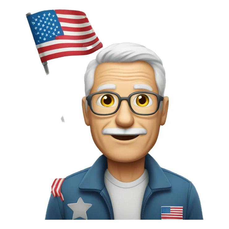 brwon haired older man holding small american flag SENSOS written on wall behind him sticker