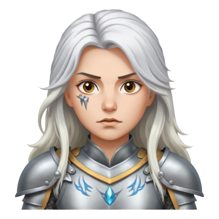 White Long Haired Women, Warrior woman — silver armor, piercing gaze sticker