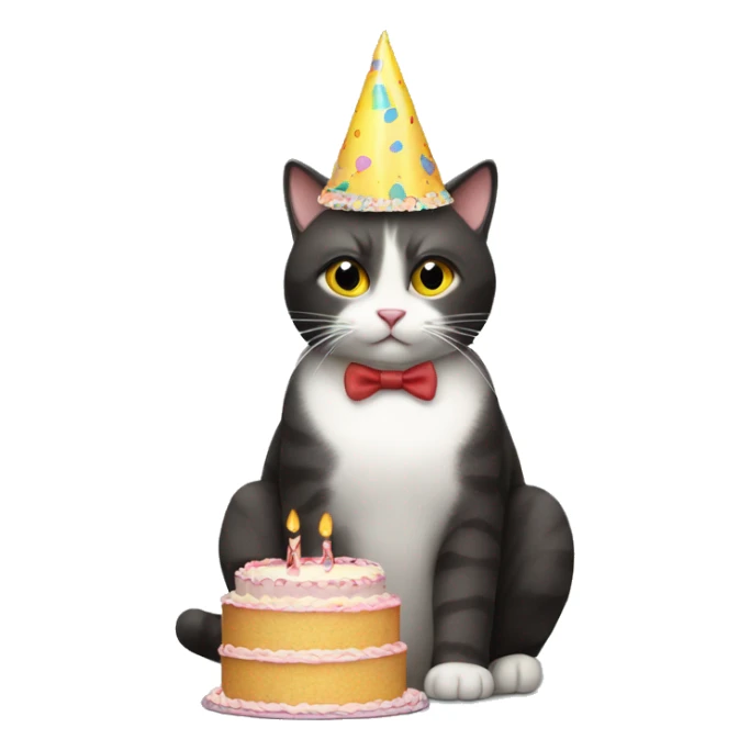 A cat sitting with a party hat and a cake sticker