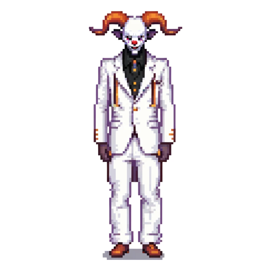 full-body demonic clown in a white leisure suit with bellbottom pants, bald, with black ram horns, wearing elevator shoes sticker