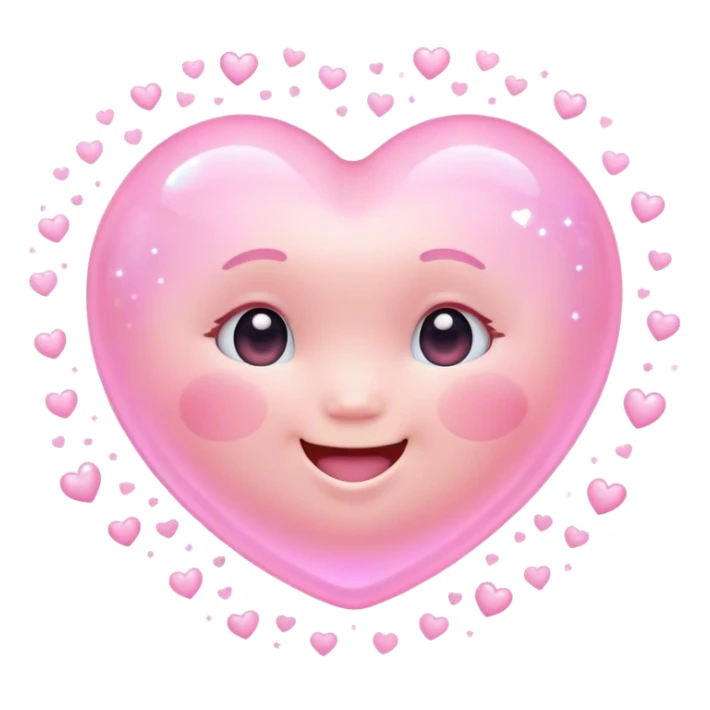 Cinematic floating soft heart, chubby round edges, pastel pink glow, tiny smiling face, surrounded by dreamy sparkles, gentle and loving. sticker