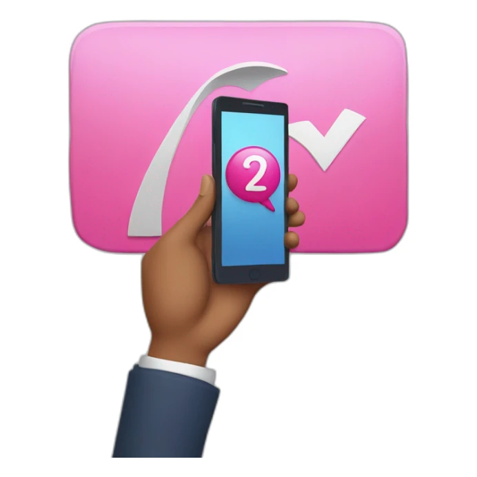 holding a smartphone with big pink check mark on the screen sticker