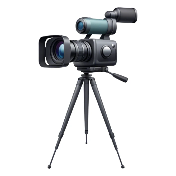 Create an emoji for video recording. Show a  single lens video camera on tripod, symbolizing the act of filming. Use modern, professional colors. Do not include any emojis or smiley faces. Make the background transparent. sticker