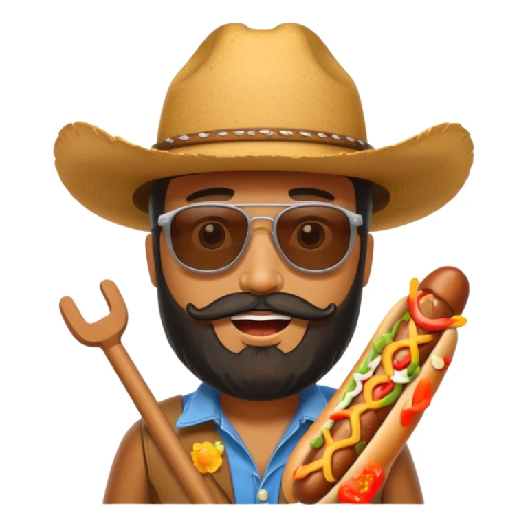 A bearded hotdog with sunglasses and a cowboy hat sticker