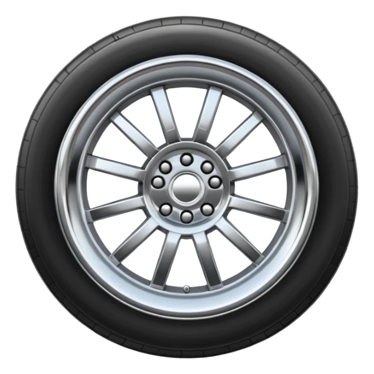 A chrome car wheel emoji, polished silver metal rim, smooth circular shape, minimal futuristic design, soft reflections, iOS emoji style, centered on white background, ultra clean look sticker