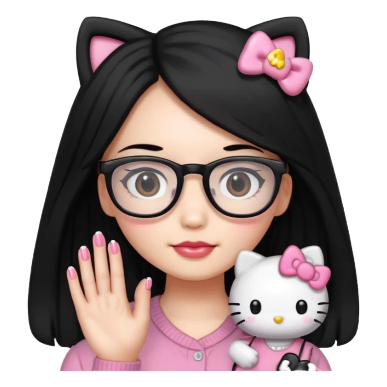 Nails cute hello kitty wear glasses black long  hair sticker