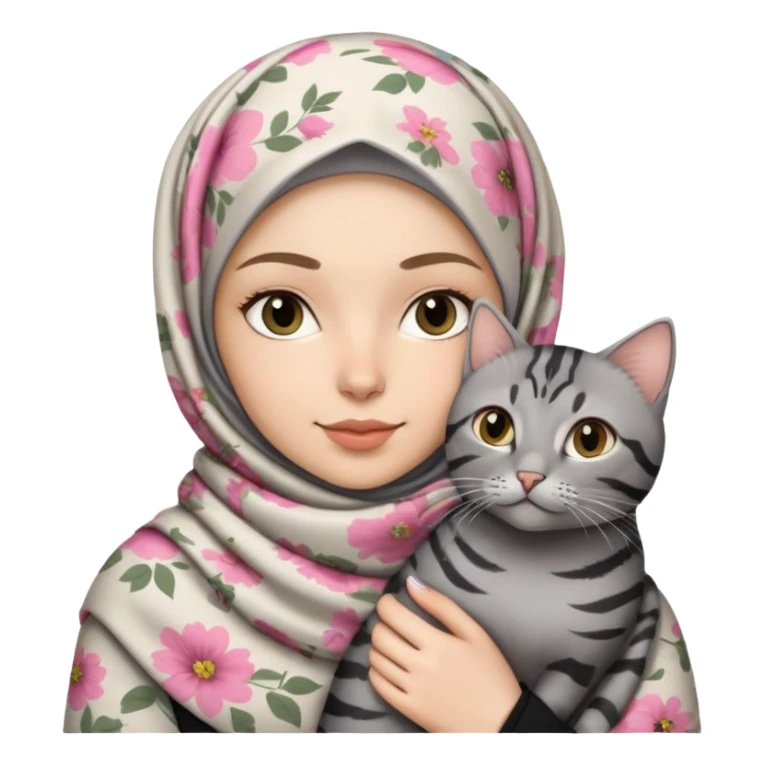 White girl wearing flower patterned hijab holding a black gray tabby cat sticker