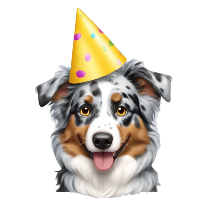 blue merle australian shepherd with a party hat sticker