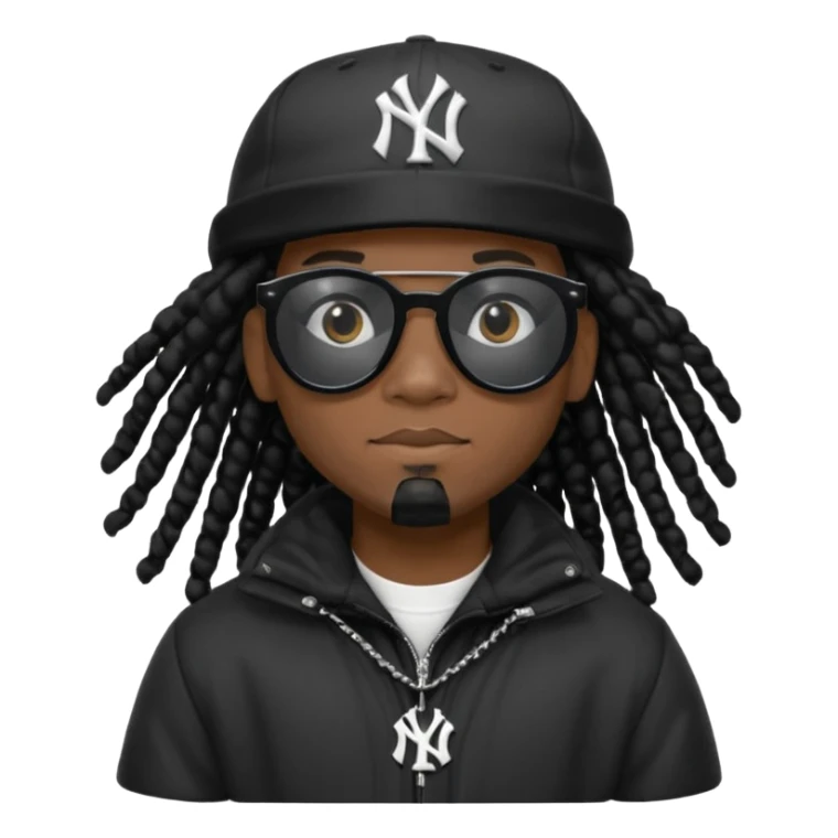 African American man with shoulder length black dreadlocks wearing black sunglasses with black bubble winter coat wearing a black New York Yankees baseball hat sticker