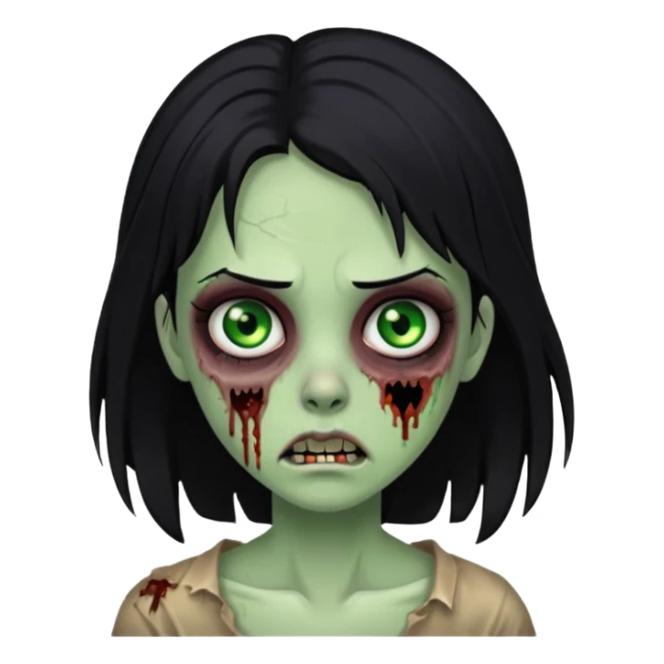 zombie girl with black hair, with a green eye sticker