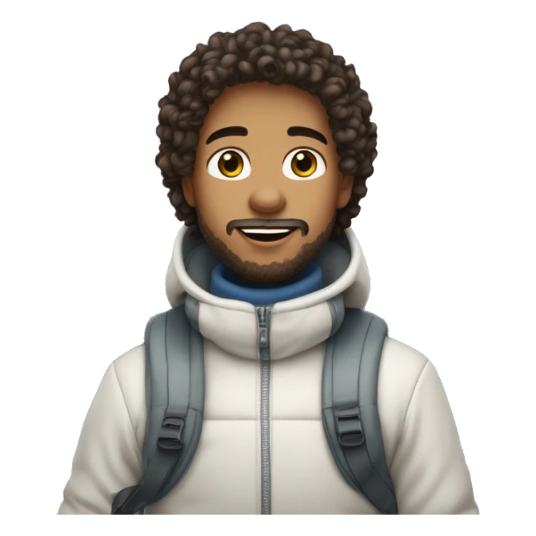 semi light skinned boy with very curly semi long dark hair, with goatee beard style, *riding ski* sticker