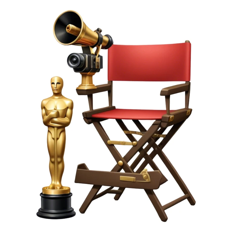 Professional icon for Directing: a collage featuring a director's chair, a film camera, a megaphone and an Oscar trophy. The icon should represent the craft and creativity of film directing, with emphasis on leadership and cinematic artistry. Transparent background. sticker