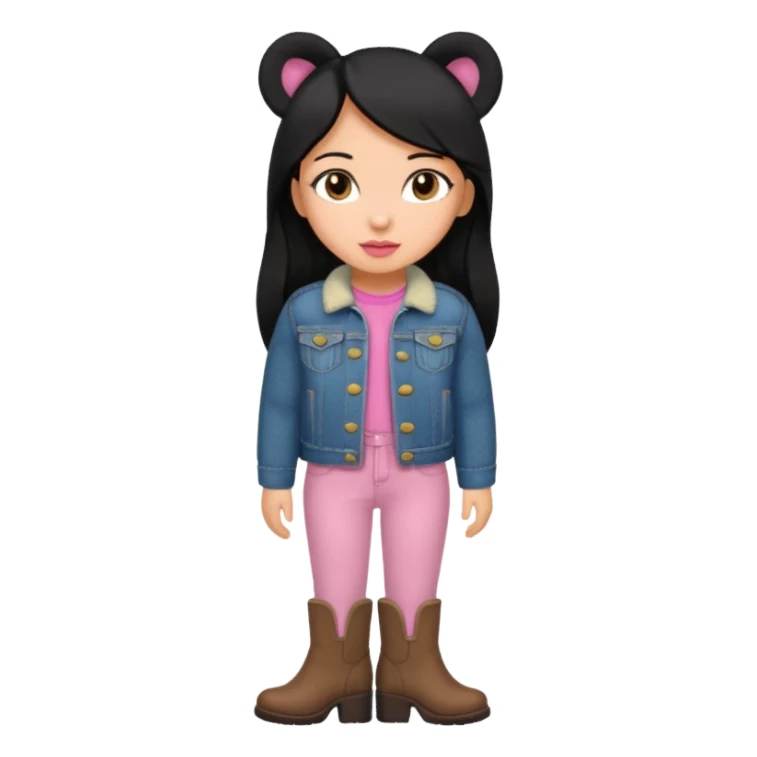 Gordita, ojos pequeños de color cafe oscuro, labios pequeños y rosados, piel trigueña, orejas pequeñas, cabello largo lazio y negro, pequeña. cuerpo completo. vestida con saco de lana jean y botas color café sin orejas sticker