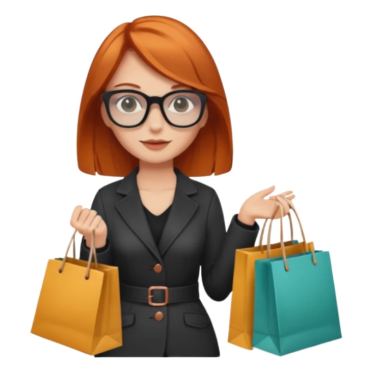 Mujer joven blanca con cabello cobrizo lentes oscuros vestida a la moda con bolsas de compras sticker