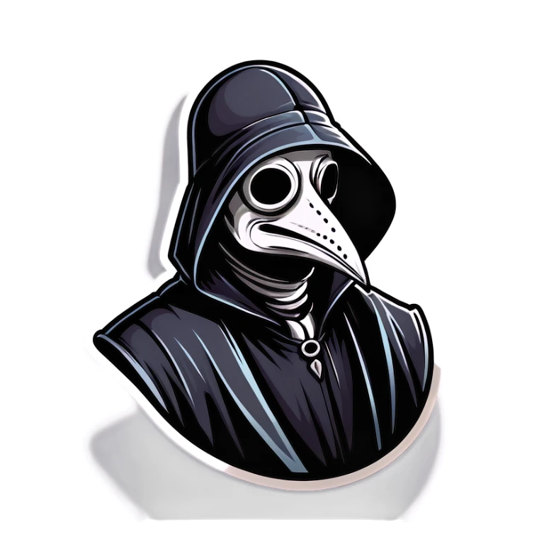 Man wearing black plague doctor mask in a hood sticker