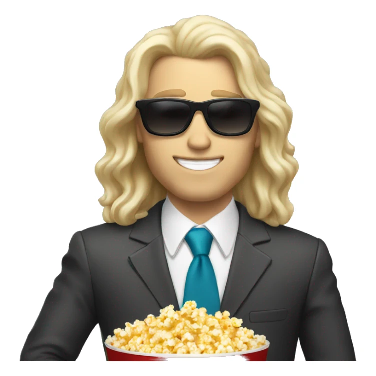 long hair white man in suit with sunglasses eating popcorn with a cap sticker