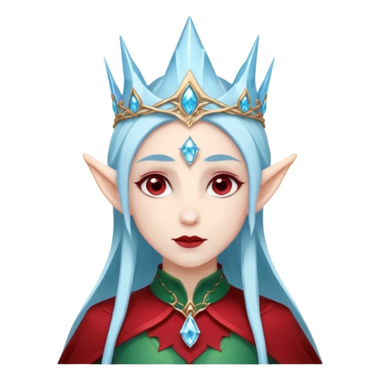 Fantasy elf portrait emoji, icy blue crystal crown with deep red accents, elegant elven features, cold noble winter expression, ice and crimson color palette, minimal clean design, flat readable emoji style, male/female variant sticker