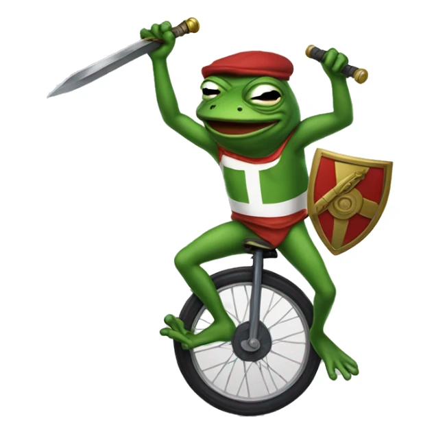 pepe the frog on a unicycle with a sword and shield sticker