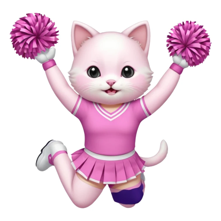 A cute chubby white kitten cheerleader in pastel uniform jumping in cheer pose. sticker