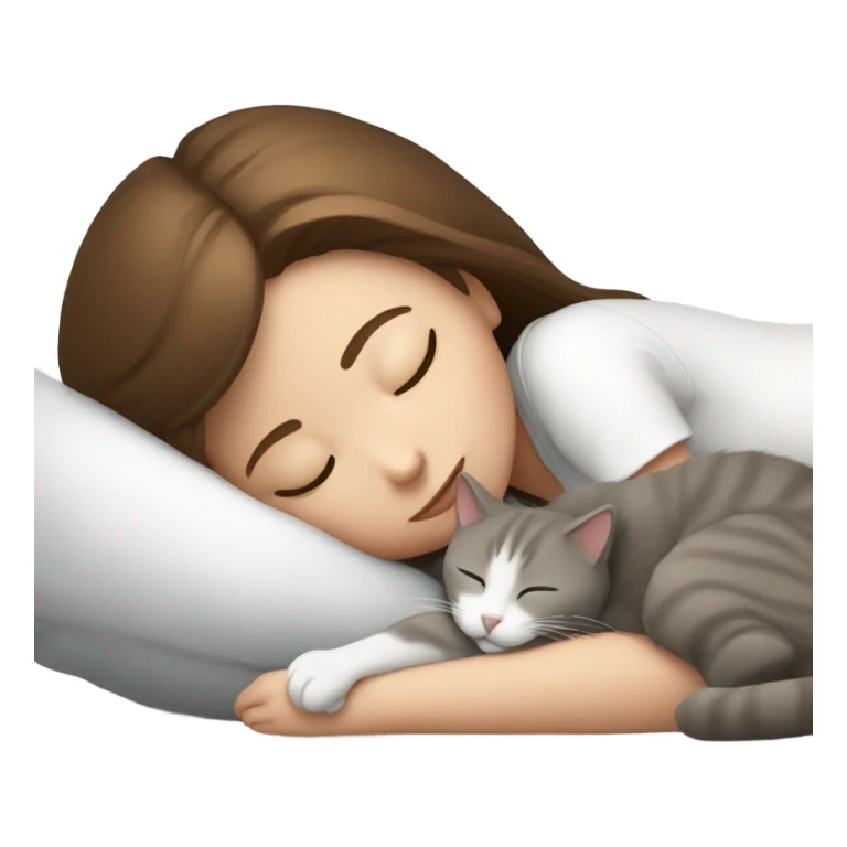 sleeping girl brown hair laying next to white and gray cat sticker