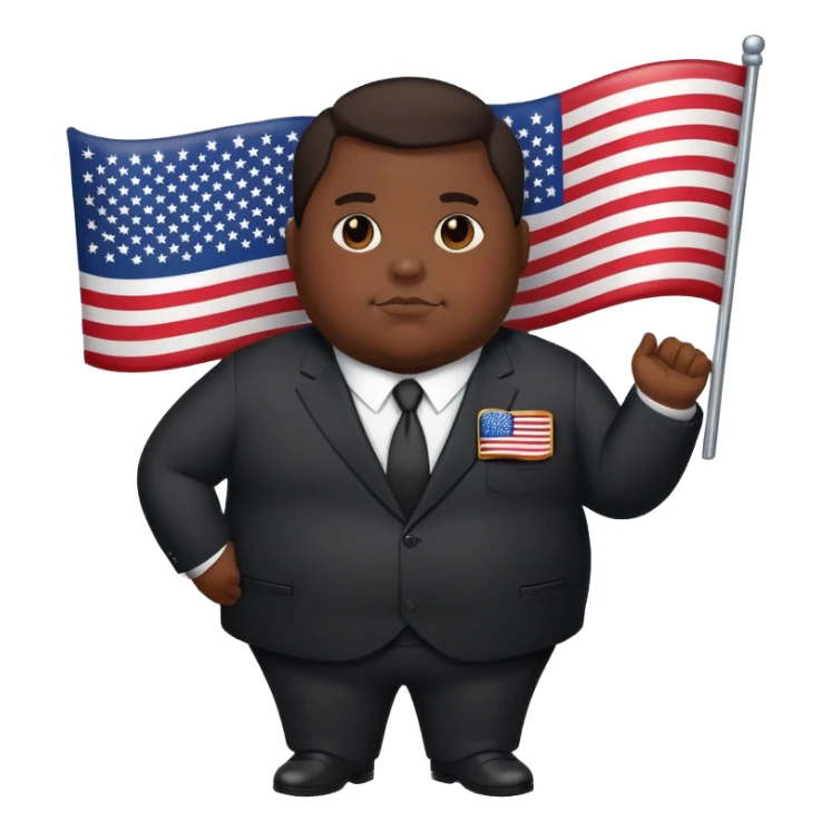 overweight person in dark suit with US flag pin sticker