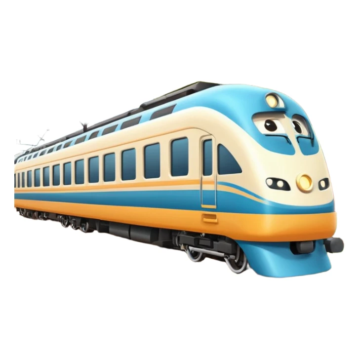 A 3D cartoon passenger train with windows and multiple cars, moving on railway tracks, bright daylight, Memoji-style. sticker