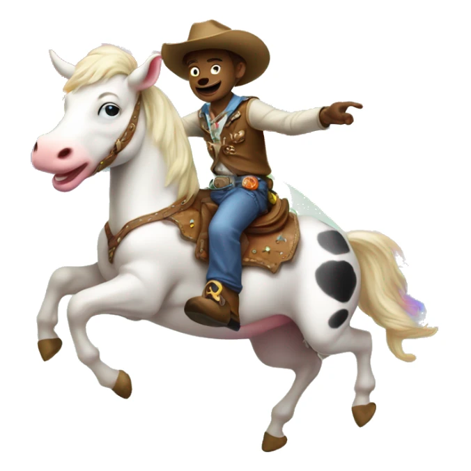 a cow boy riding a unicorn that’s throwing up rainbows sticker