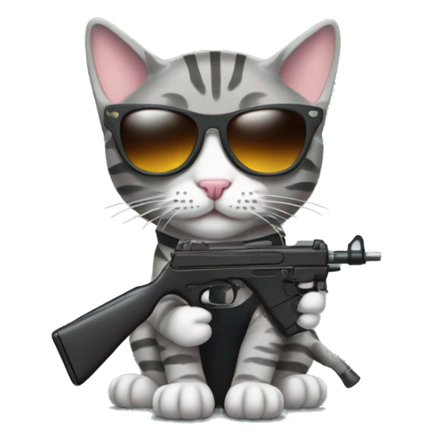 gray tabby cat with sun glasses and a watwr gun sticker