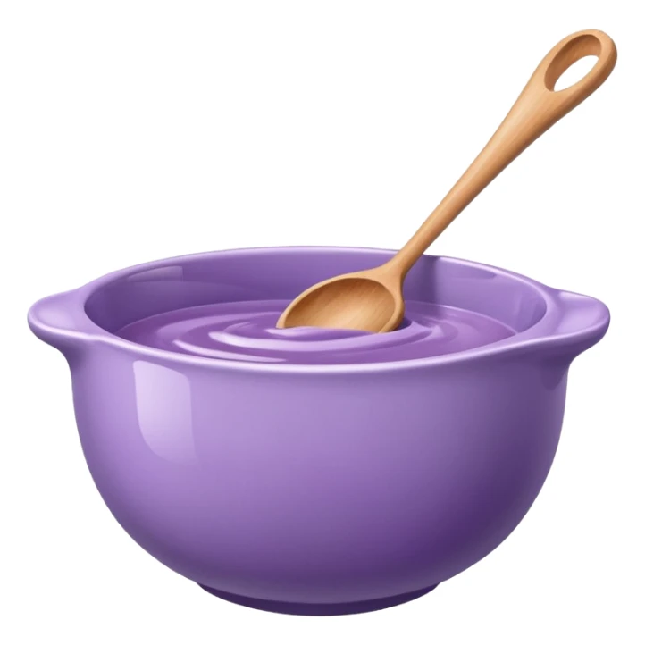 a lilac ceramic mixing bowl with a wooden spoon stirring sticker